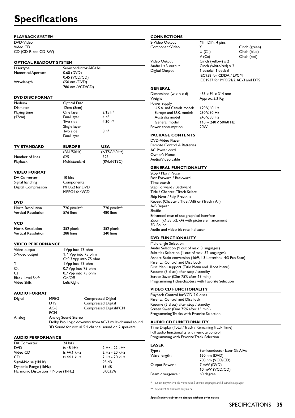 Specifications | Yamaha DVD-S510 User Manual | Page 35 / 36