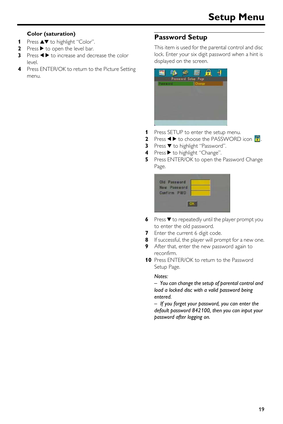 Password setup, Setup menu | Yamaha DVD-S540 User Manual | Page 23 / 30