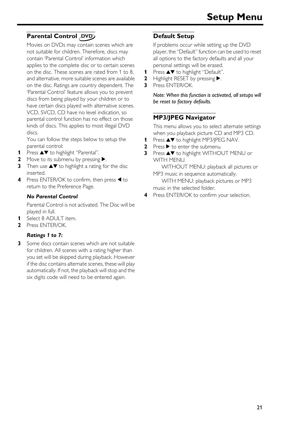 Parental control, Default setup, Mp3/jpeg navigator | Parental control default setup mp3/jpeg navigator, Setup menu | Yamaha DVD-S540 User Manual | Page 25 / 30