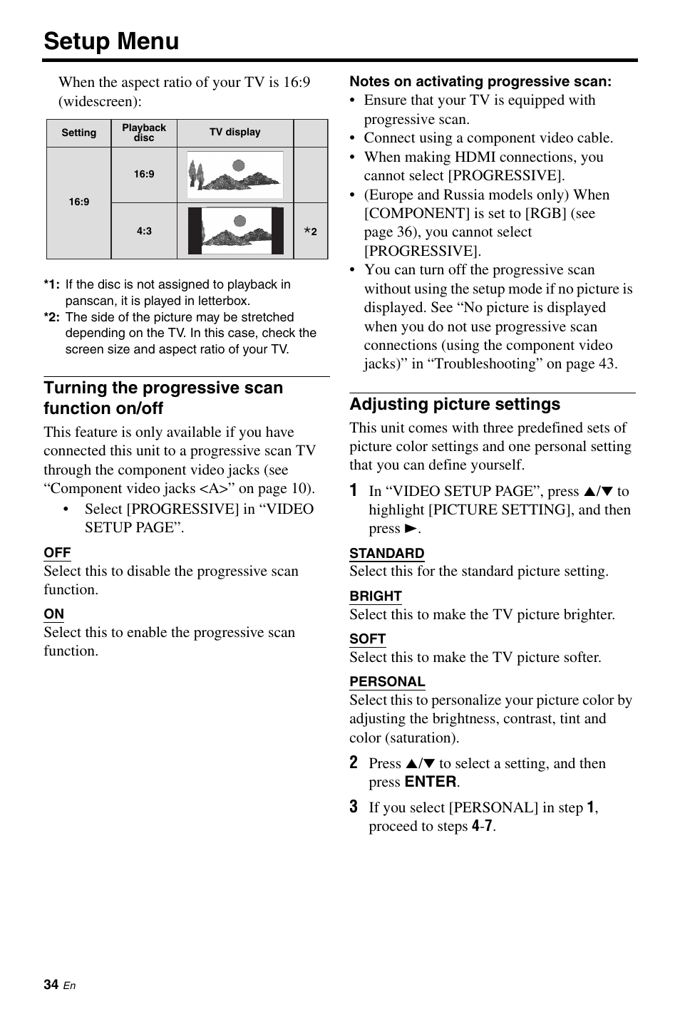 Turning the progressive scan function on/off, Adjusting picture settings, Setup menu | Yamaha DV-S6165 User Manual | Page 38 / 53