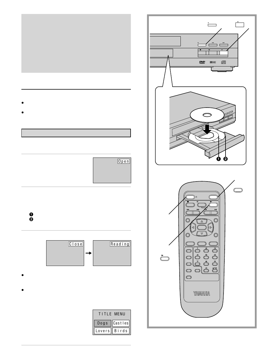 Basic operation, Basic play, Before enjoying dvd/video cd/cd | Preparations, Press power to switch on the power, Press open/close to open the disc tray, Place a disc onto the disc tray, Press play | Yamaha DVD-S700 User Manual | Page 14 / 48