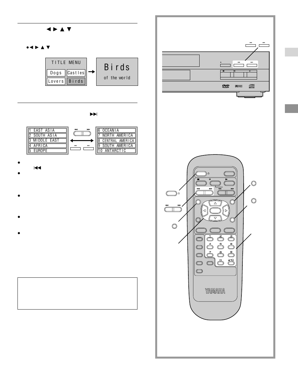 Birds, Basic play, When the menu continues onto another screen | Stopping play and returning to the menu screen, After operation, What is playback control | Yamaha DVD-S700 User Manual | Page 15 / 48