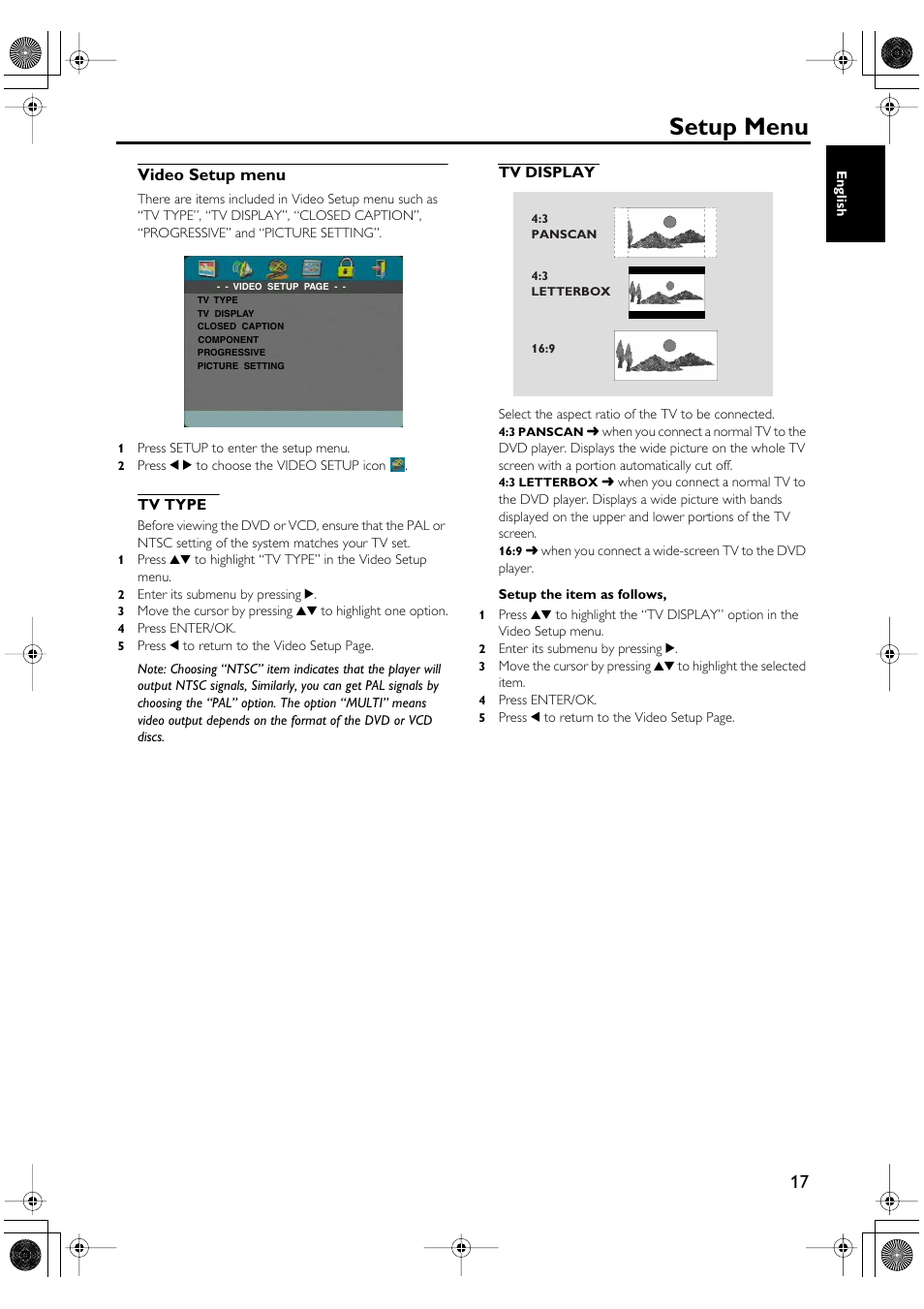 Video setup menu, Tv type tv display, Setup menu | Yamaha DV-SL100 User Manual | Page 21 / 30