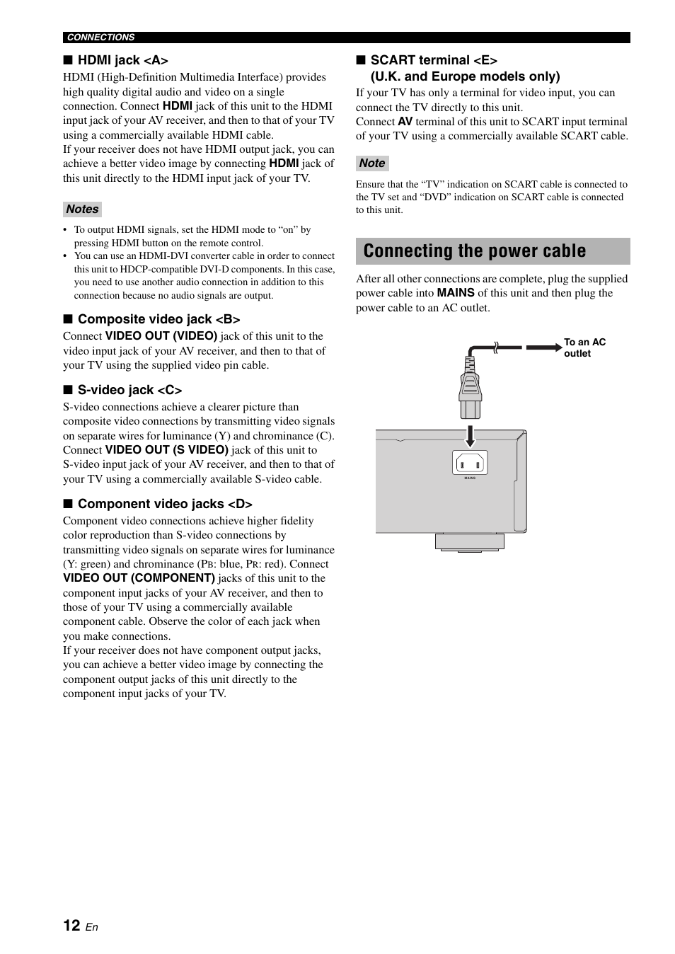 Connecting the power cable | Yamaha DVD-S2700 User Manual | Page 16 / 47