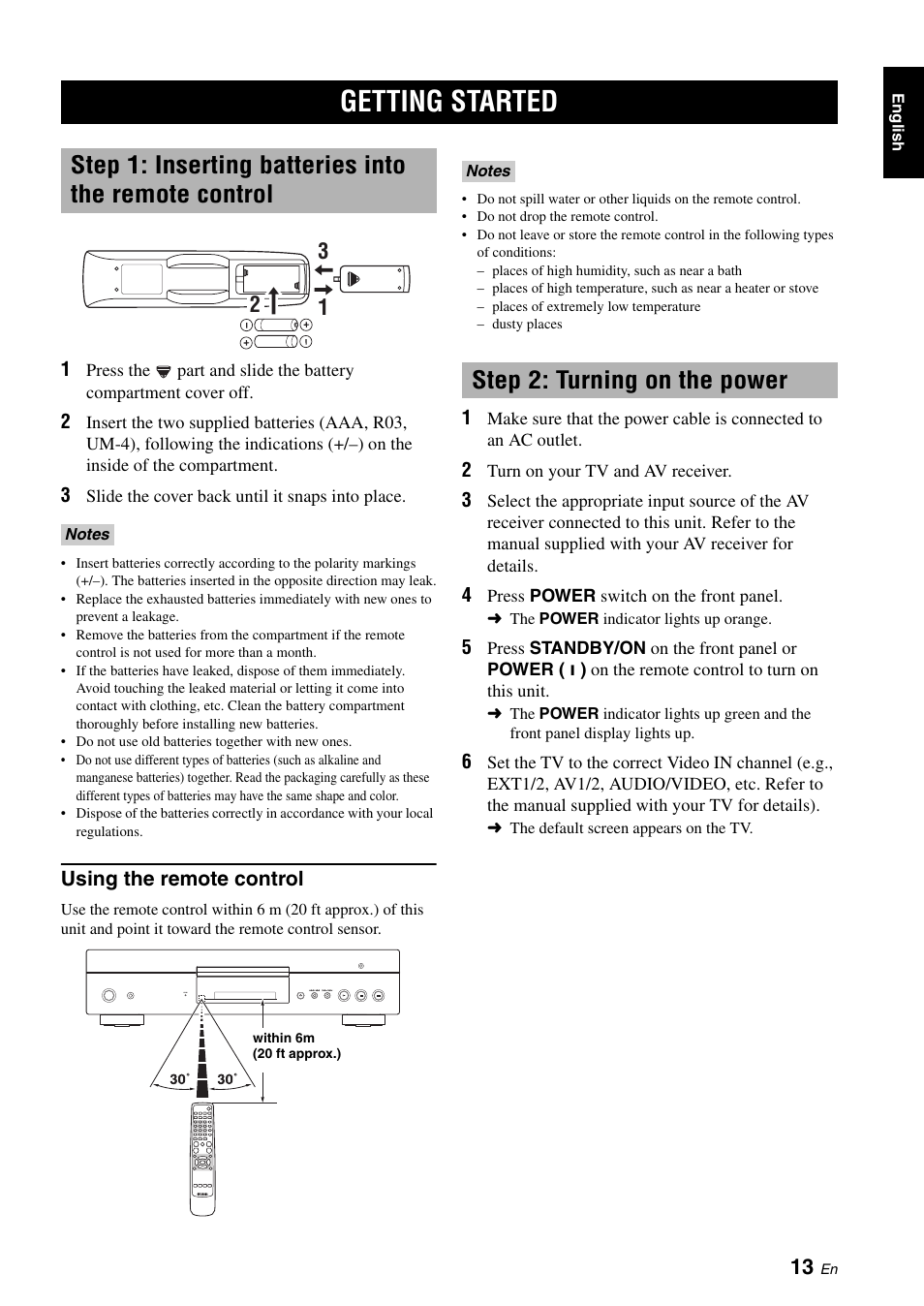 Getting started, Using the remote control, Step 2: turning on the power | Step 1: inserting batteries into the, Remote control | Yamaha DVD-S2700 User Manual | Page 17 / 47