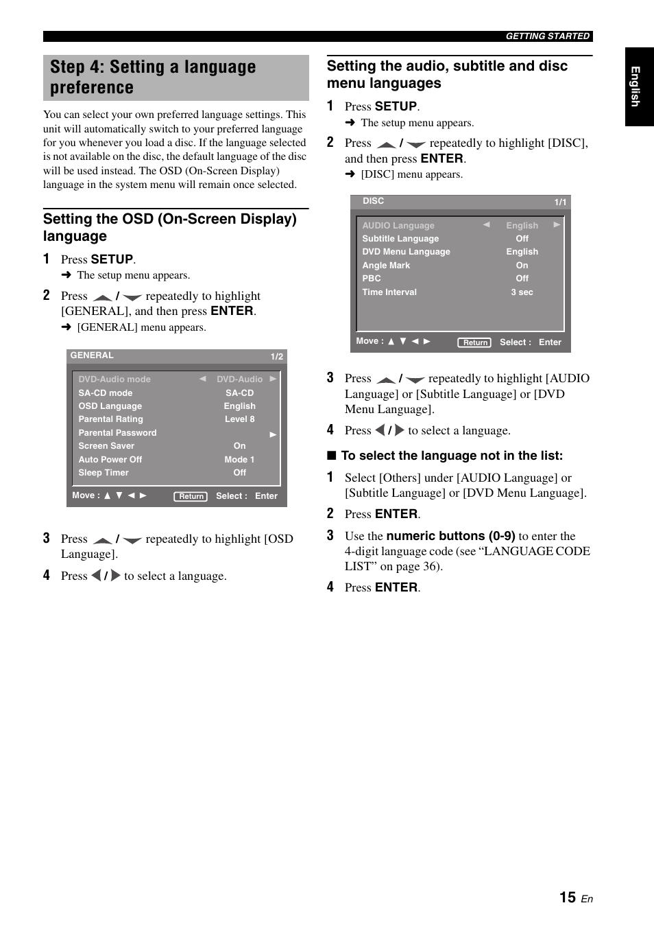 Step 4: setting a language preference, Setting the osd (on-screen display) language, Setting the osd (on-screen display) | Language, Setting the audio, subtitle and disc menu, Languages | Yamaha DVD-S2700 User Manual | Page 19 / 47