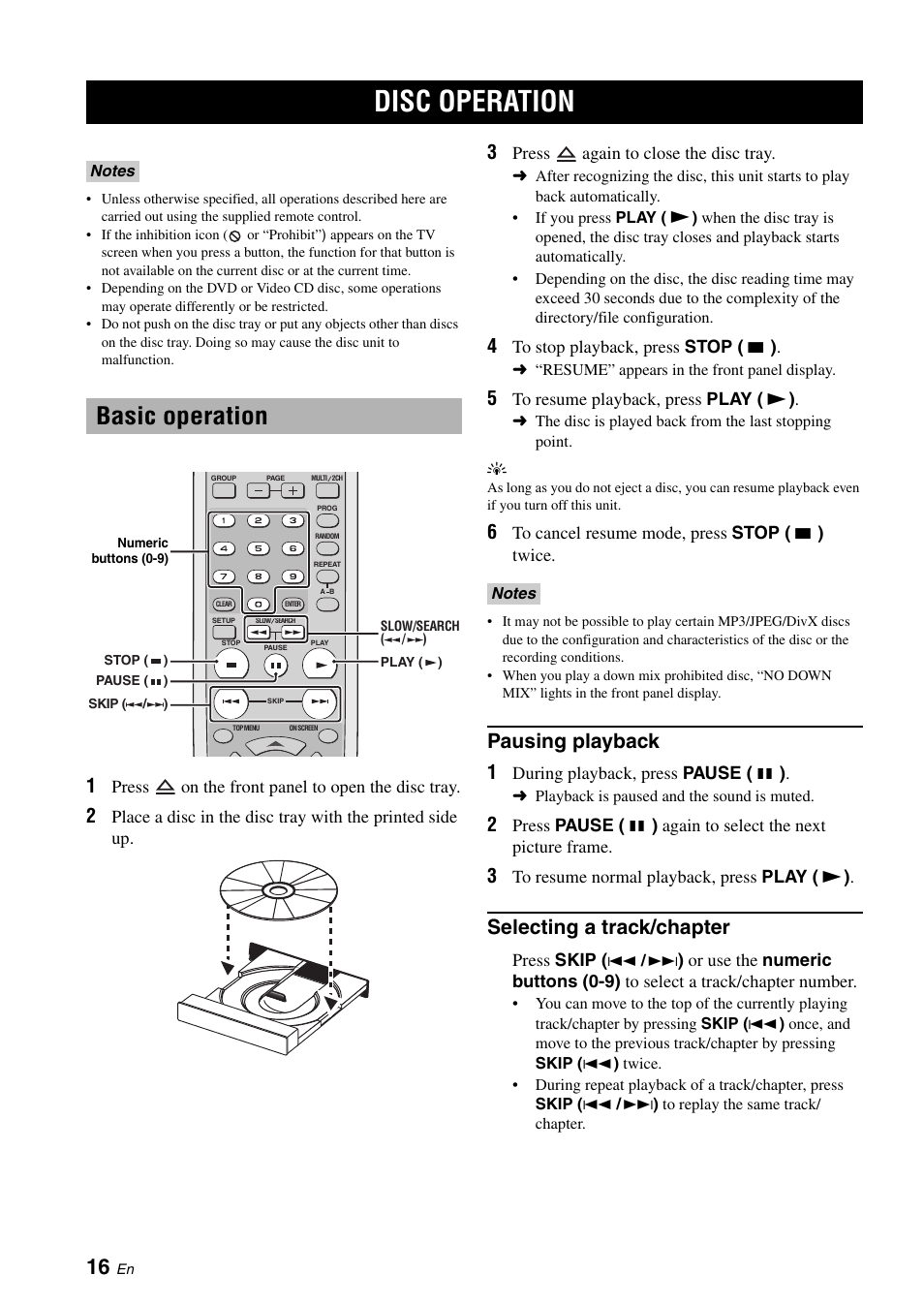 Disc operation, Basic operation, Pausing playback | Selecting a track/chapter, Sic operation | Yamaha DVD-S2700 User Manual | Page 20 / 47