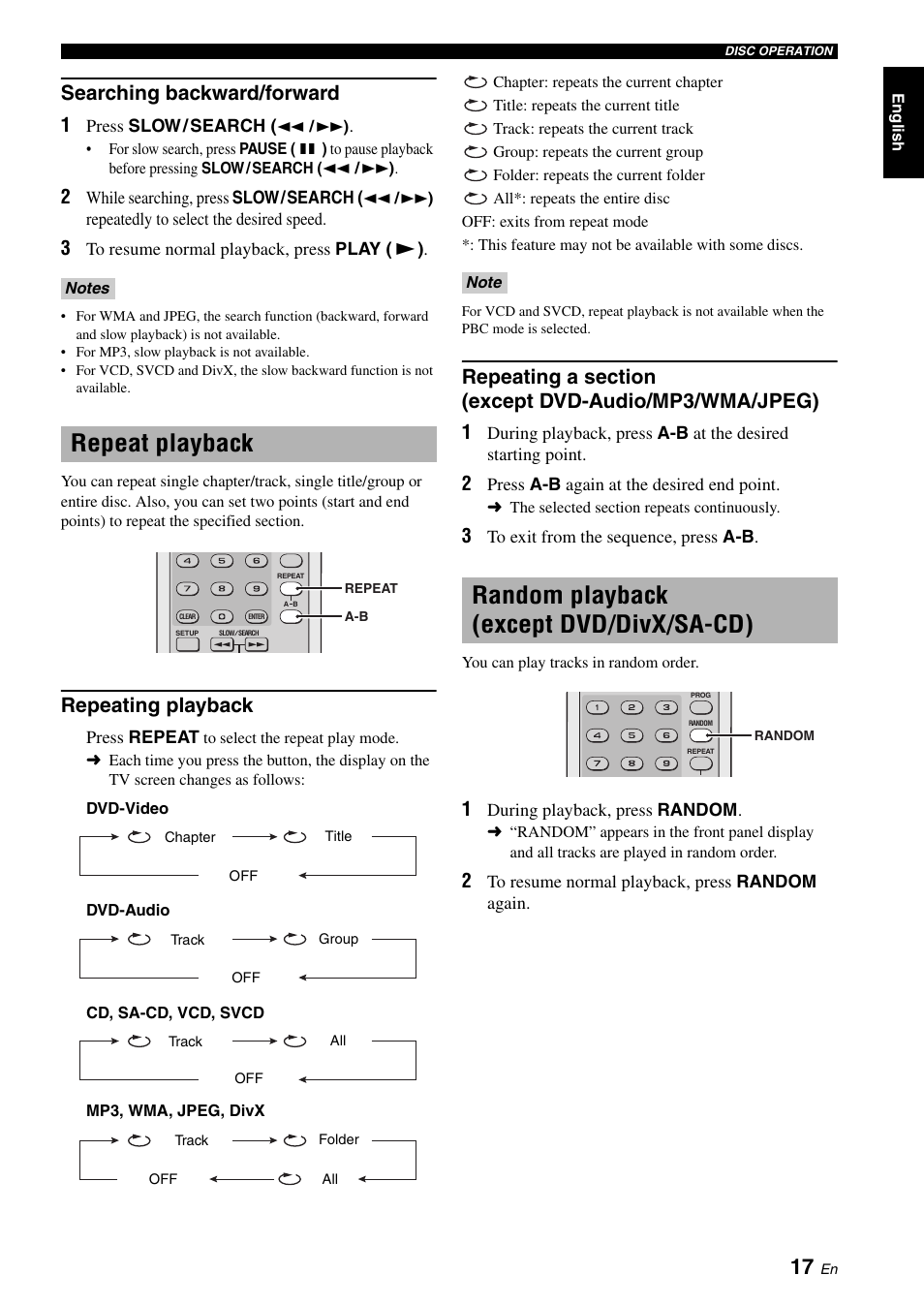 Searching backward/forward, Repeat playback, Repeating playback | Random playback (except dvd/divx/sa-cd), Repeating a section (except dvd-audio, Mp3/wma/jpeg), Random playback, Except dvd/divx/sa-cd) | Yamaha DVD-S2700 User Manual | Page 21 / 47