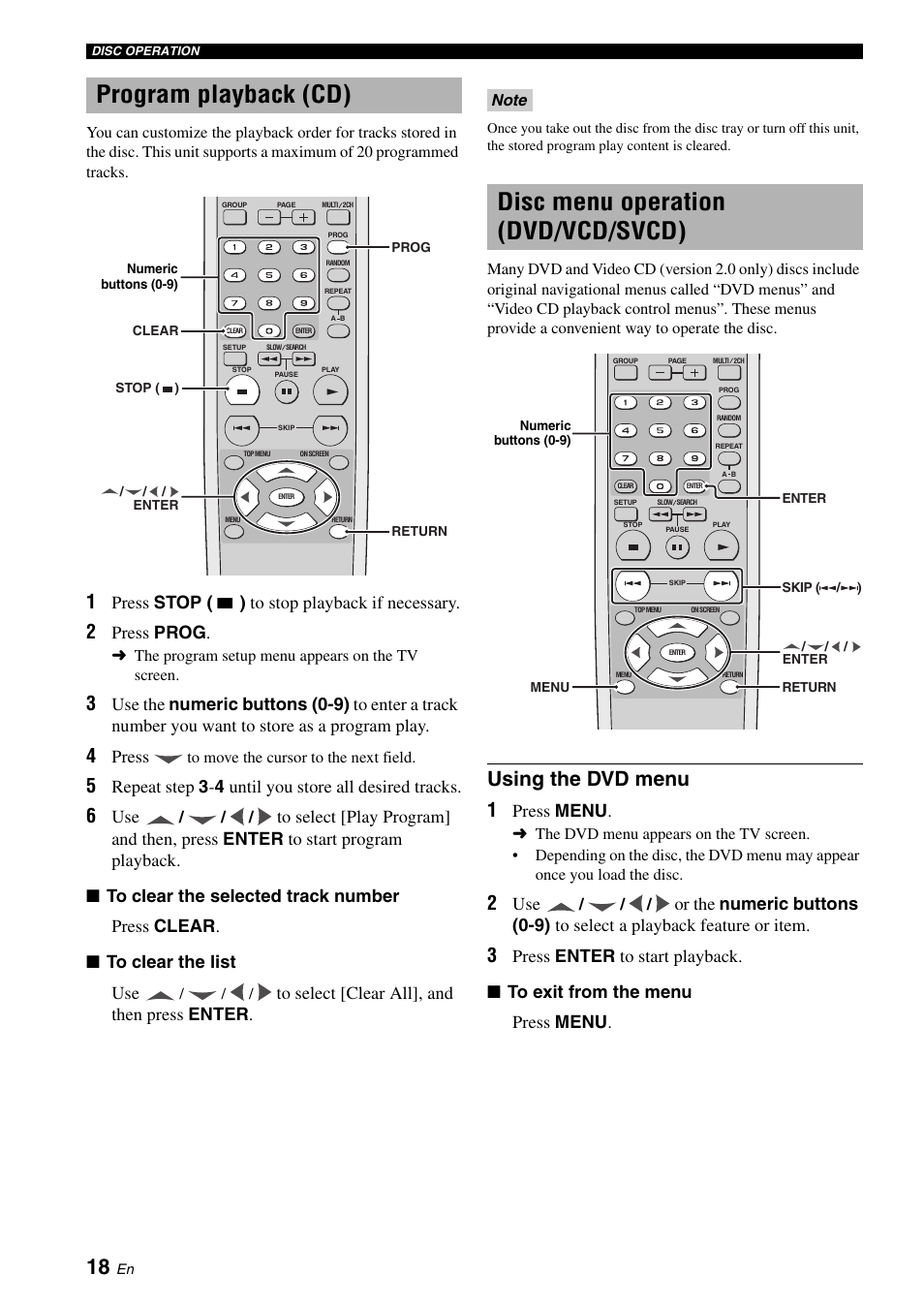 Program playback (cd), Disc menu operation (dvd/vcd/svcd), Using the dvd menu | Press stop, 7 ) to stop playback if necessary, Press prog, Press, Press menu | Yamaha DVD-S2700 User Manual | Page 22 / 47