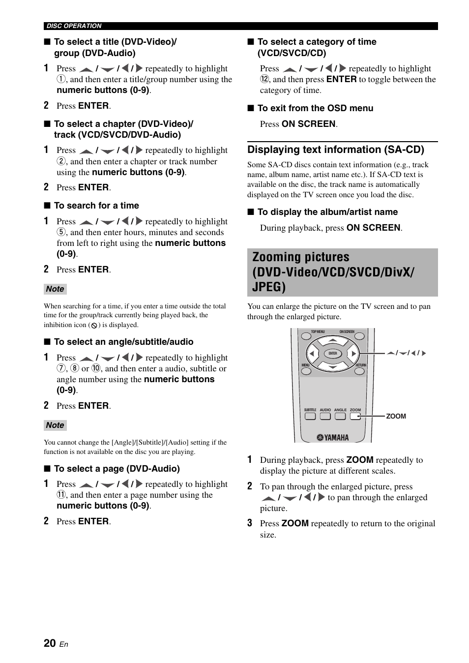 Displaying text information (sa-cd), Zooming pictures (dvd-video/vcd/svcd/divx/ jpeg), Zooming pictures (dvd-video/vcd | Svcd/divx/jpeg) | Yamaha DVD-S2700 User Manual | Page 24 / 47