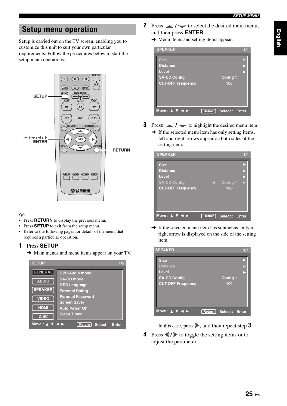 Setup menu operation, Press setup, Press | And then repeat step | Yamaha DVD-S2700 User Manual | Page 29 / 47