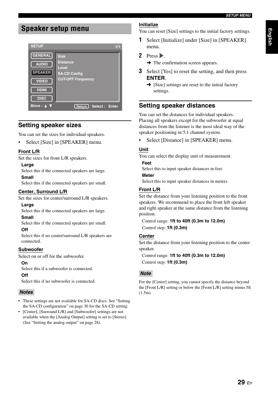 Speaker setup menu, Setting speaker sizes, Setting speaker distances | Yamaha DVD-S2700 User Manual | Page 33 / 47