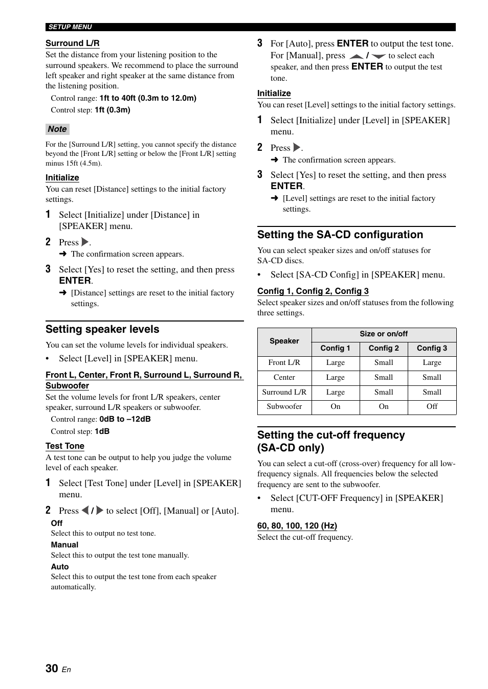 Setting speaker levels, Setting the sa-cd configuration, Setting the cut-off frequency (sa-cd only) | Yamaha DVD-S2700 User Manual | Page 34 / 47