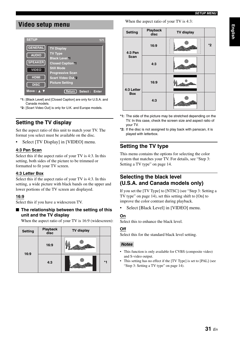 Video setup menu, Setting the tv display, Setting the tv type | Selecting the black level, U.s.a. and canada models only), Select [tv display] in [video] menu, Select [black level] in [video] menu | Yamaha DVD-S2700 User Manual | Page 35 / 47