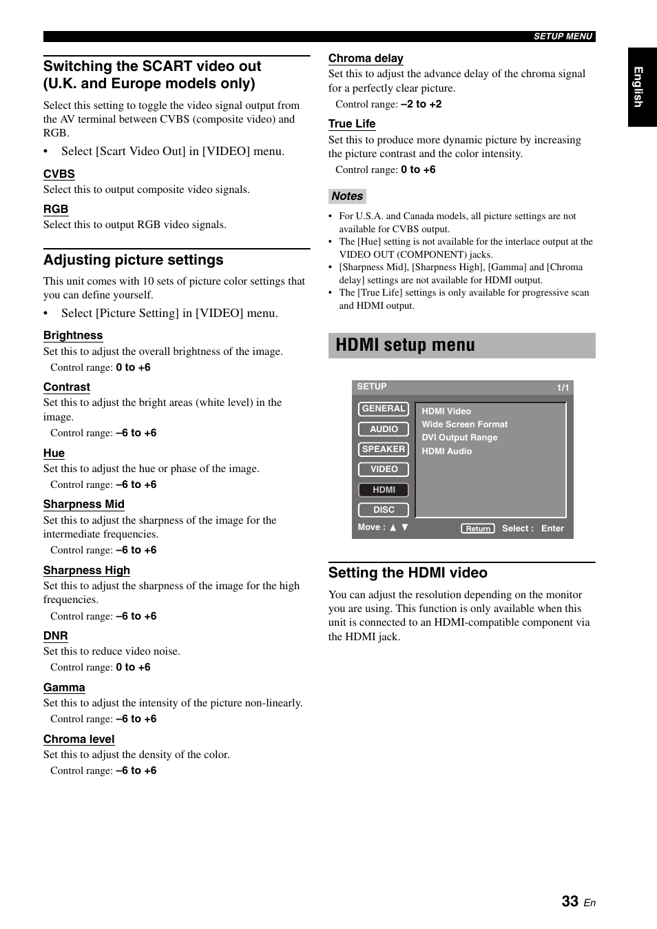Adjusting picture settings, Hdmi setup menu, Setting the hdmi video | Switching the scart video out, U.k. and europe models only) | Yamaha DVD-S2700 User Manual | Page 37 / 47