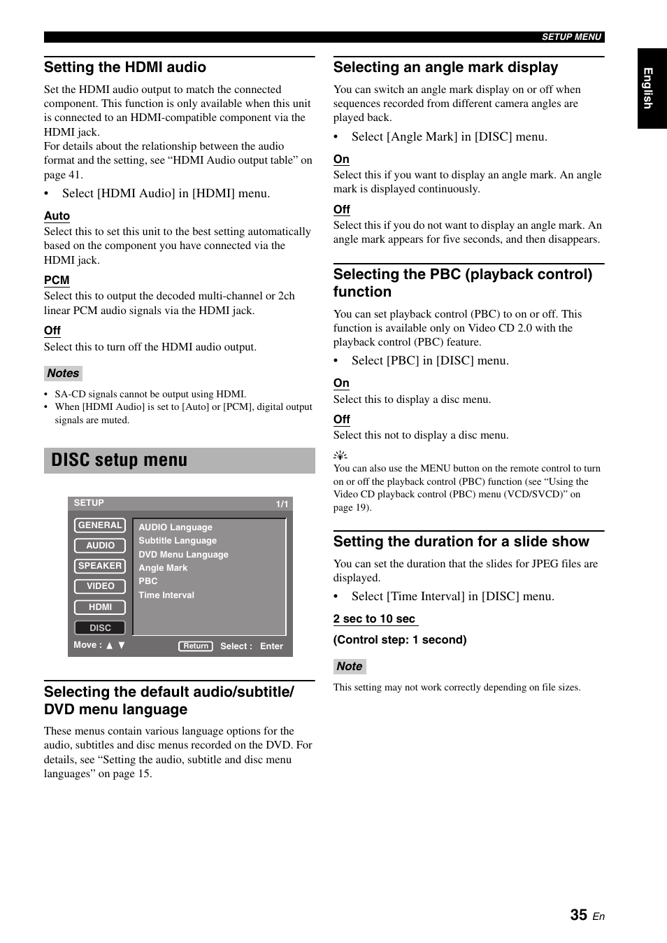 Setting the hdmi audio, Disc setup menu, Selecting an angle mark display | Selecting the pbc (playback control) function, Setting the duration for a slide show, Selecting the default audio/subtitle, Dvd menu language | Yamaha DVD-S2700 User Manual | Page 39 / 47