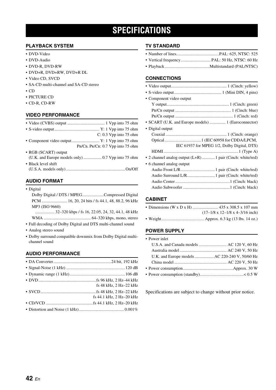 Specifications | Yamaha DVD-S2700 User Manual | Page 46 / 47