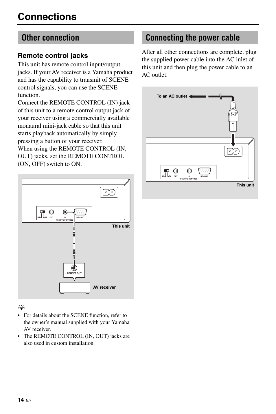 Other connection, Remote control jacks, Connecting the power cable | Connections | Yamaha DVD-C961 User Manual | Page 18 / 51