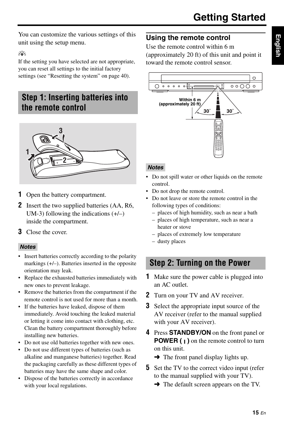 Getting started, Using the remote control, Step 2: turning on the power | Yamaha DVD-C961 User Manual | Page 19 / 51