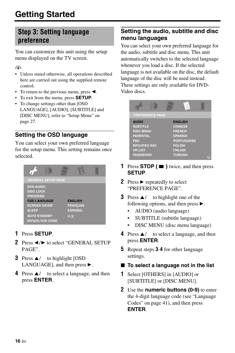 Step 3: setting language preference, Setting the osd language, Getting started | Yamaha DVD-C961 User Manual | Page 20 / 51