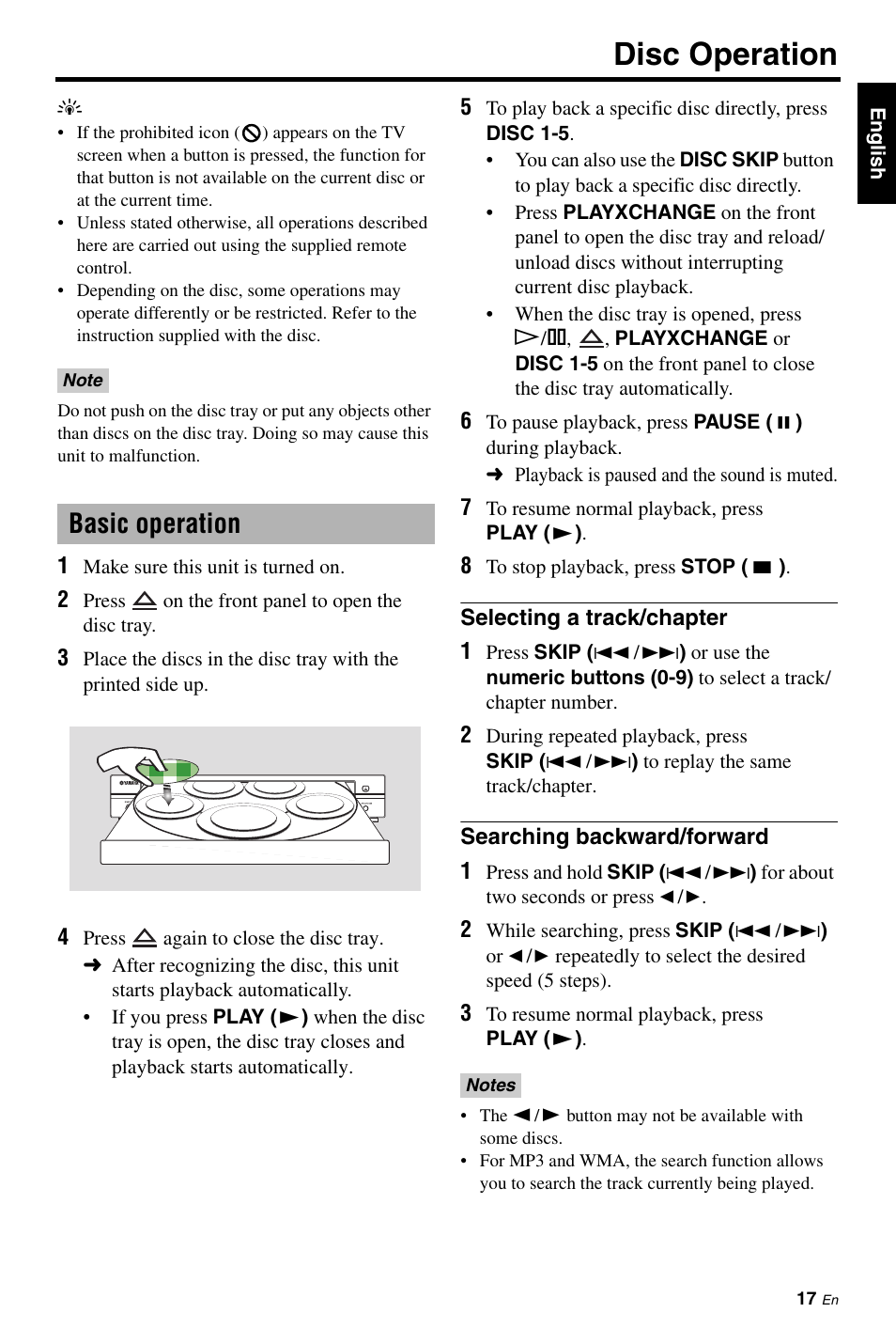 Disc operation, Basic operation, Selecting a track/chapter | Searching backward/forward, Selecting a track/chapter 1, Searching backward/forward 1 | Yamaha DVD-C961 User Manual | Page 21 / 51