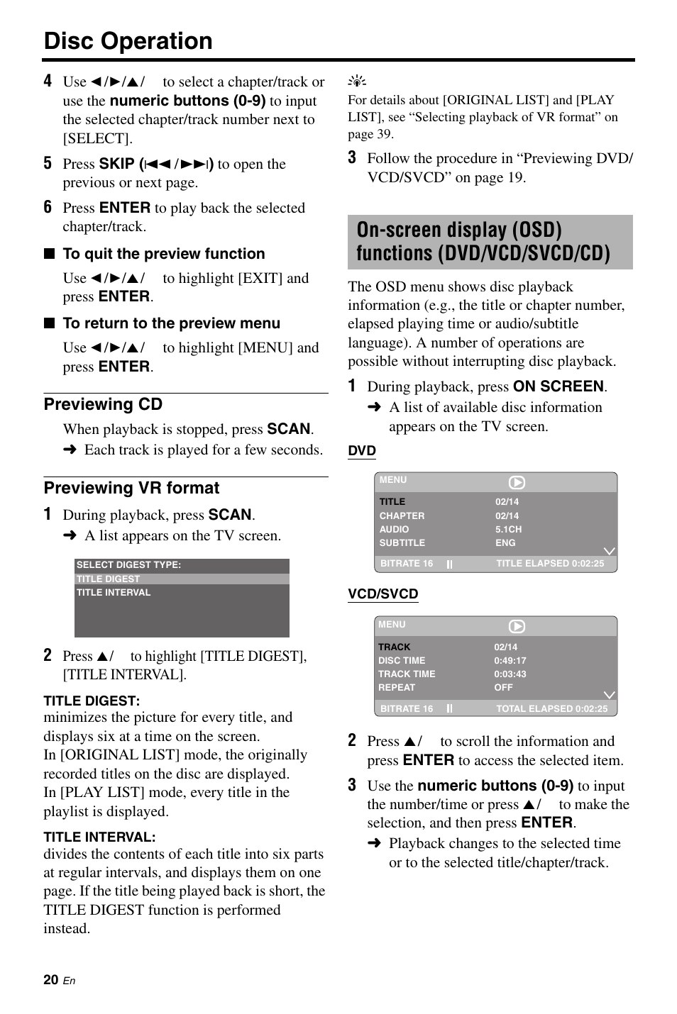 Previewing cd, Previewing vr format, Previewing cd previewing vr format | Disc operation, Previewing vr format 1 | Yamaha DVD-C961 User Manual | Page 24 / 51