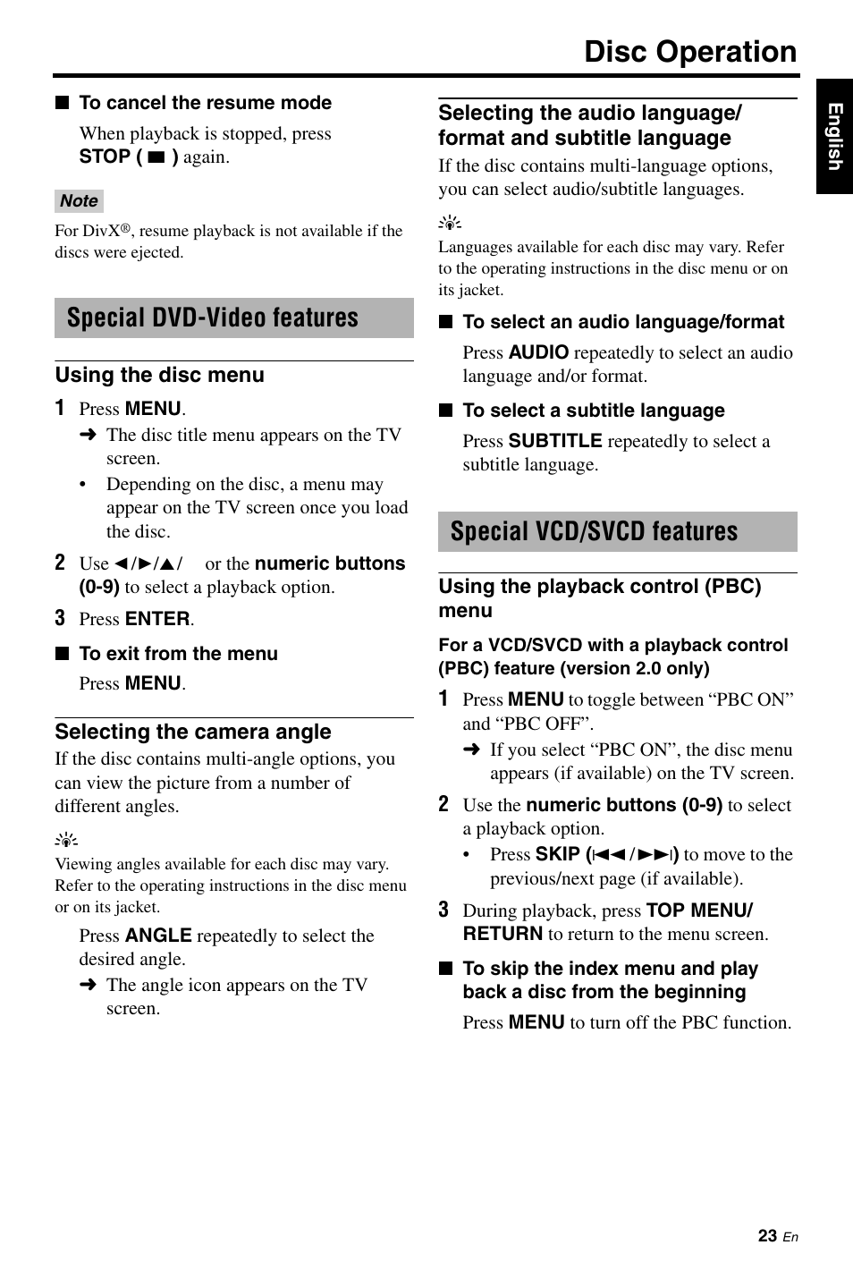 Special dvd-video features, Using the disc menu, Selecting the camera angle | Special vcd/svcd features, Using the playback control (pbc) menu, Disc operation | Yamaha DVD-C961 User Manual | Page 27 / 51