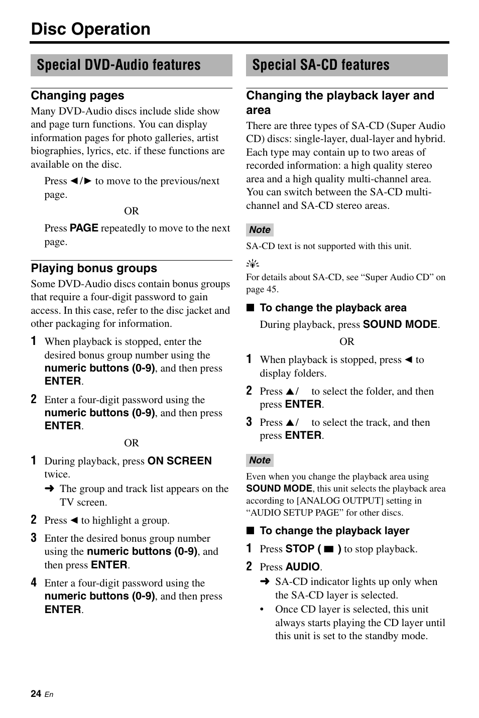 Special dvd-audio features, Playing bonus groups, Special sa-cd features | Changing the playback layer and area, Disc operation, Special dvd-audio features special sa-cd features | Yamaha DVD-C961 User Manual | Page 28 / 51