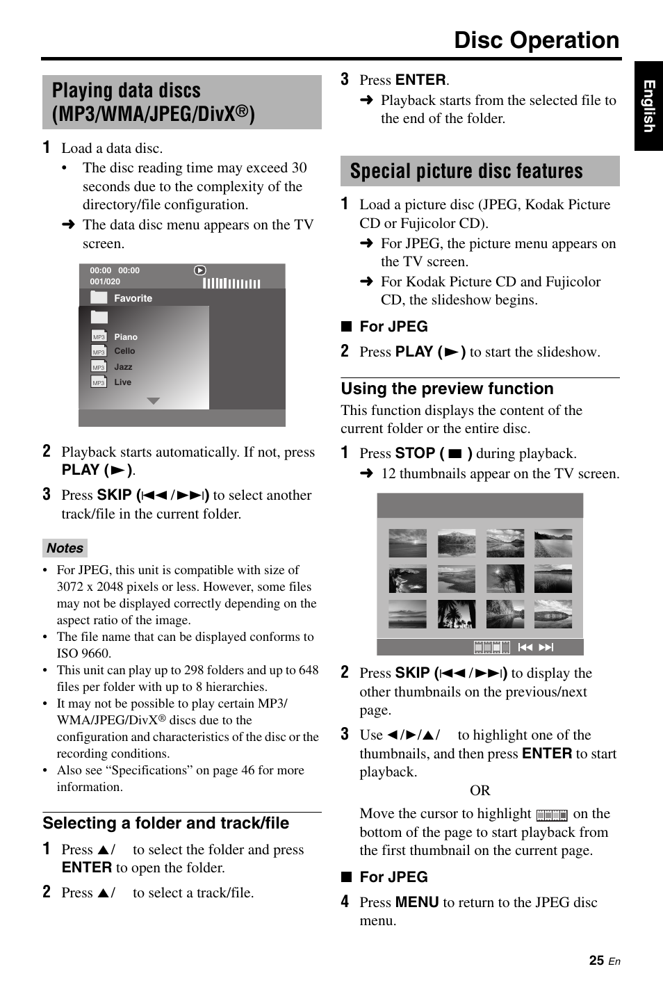Playing data discs (mp3/wma/jpeg/divx®), Selecting a folder and track/file, Special picture disc features | Using the preview function, Playing data discs (mp3/wma/jpeg/ divx, Disc operation, Playing data discs (mp3/wma/jpeg/divx, Selecting a folder and track/file 1 | Yamaha DVD-C961 User Manual | Page 29 / 51