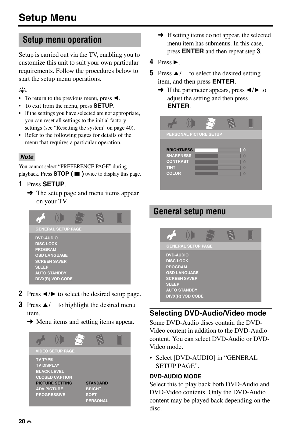 Setup menu operation, General setup menu, Selecting dvd-audio/video mode | Setup menu operation general setup menu, Setup menu | Yamaha DVD-C961 User Manual | Page 32 / 51