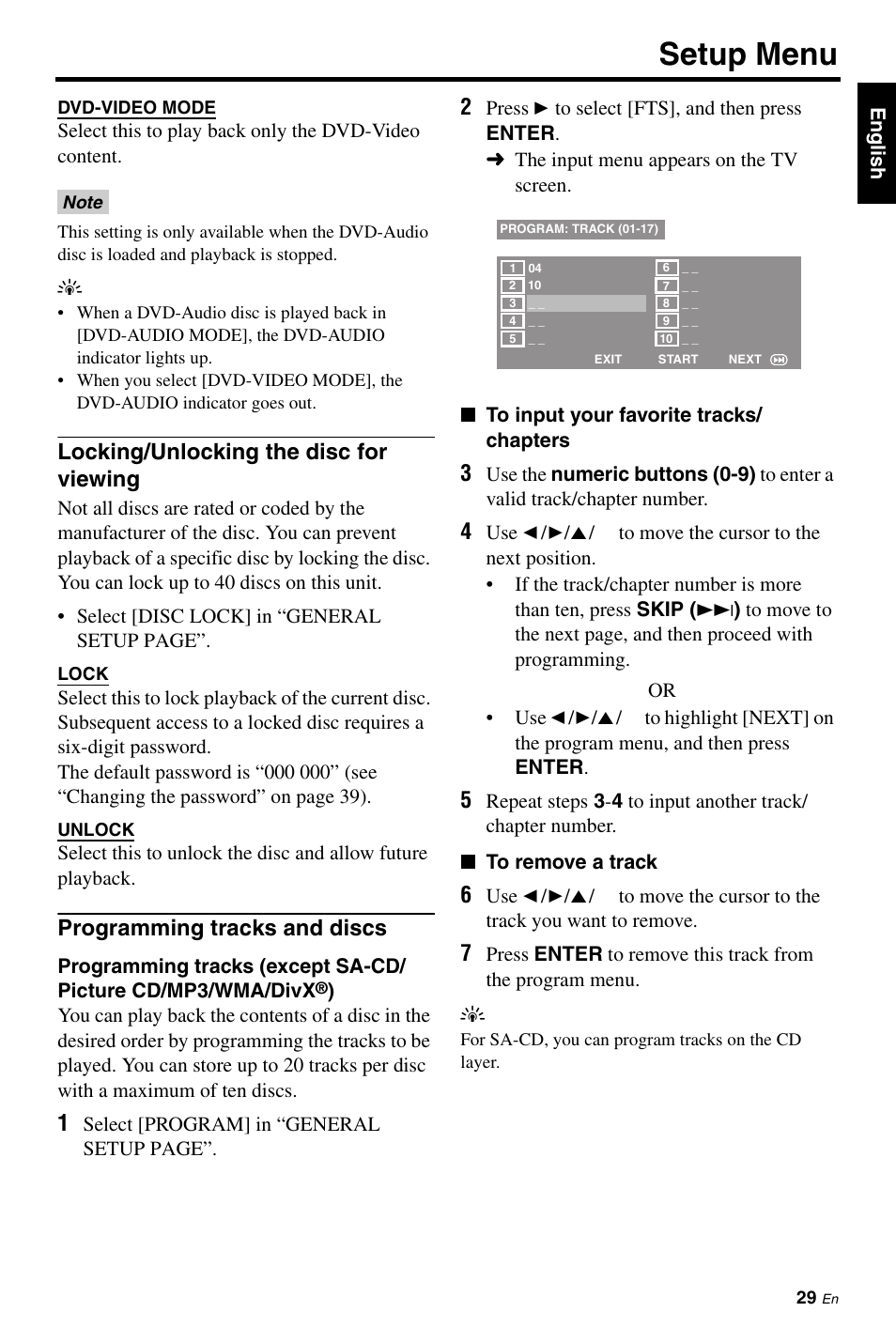 Locking/unlocking the disc for viewing, Programming tracks and discs, Setup menu | Yamaha DVD-C961 User Manual | Page 33 / 51