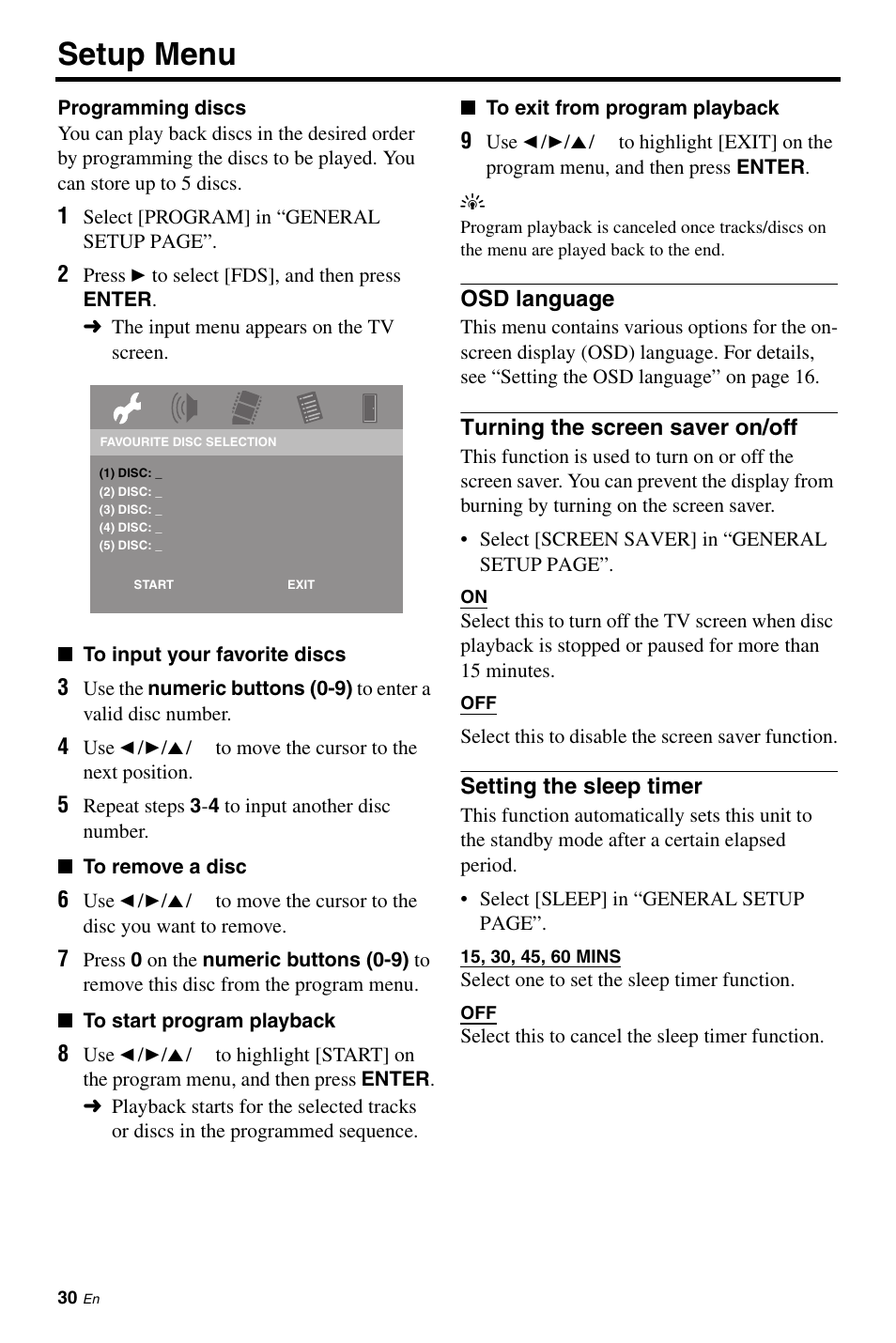 Osd language, Turning the screen saver on/off, Setting the sleep timer | Setup menu | Yamaha DVD-C961 User Manual | Page 34 / 51