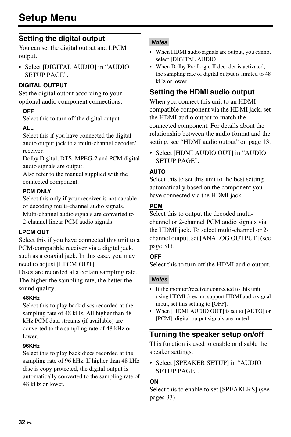 Setting the digital output, Setting the hdmi audio output, Turning the speaker setup on/off | Setup menu | Yamaha DVD-C961 User Manual | Page 36 / 51