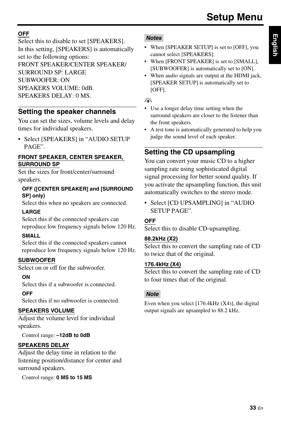 Setting the speaker channels, Setting the cd upsampling, Setup menu | Yamaha DVD-C961 User Manual | Page 37 / 51