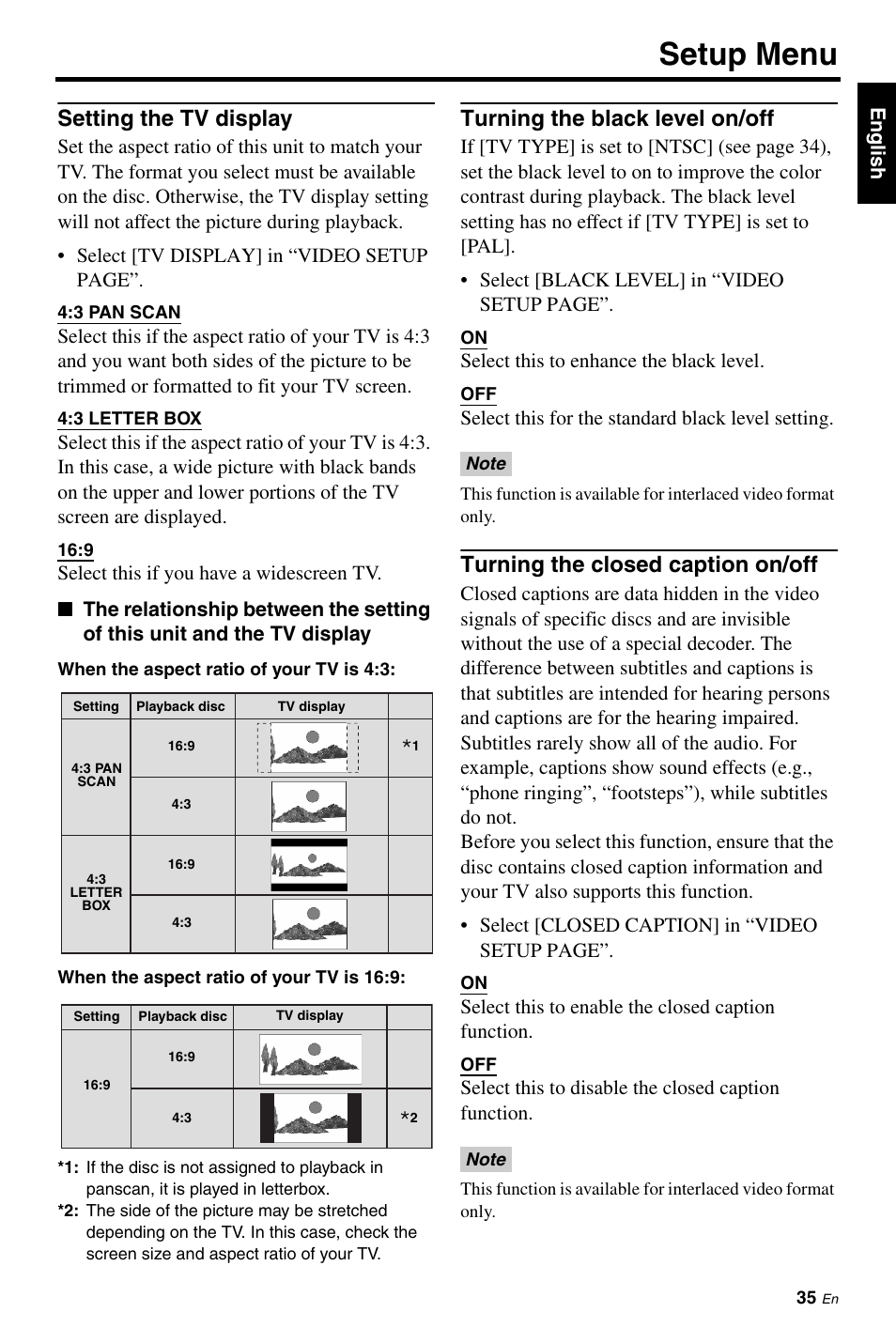 Setting the tv display, Turning the black level on/off, Turning the closed caption on/off | Setup menu | Yamaha DVD-C961 User Manual | Page 39 / 51
