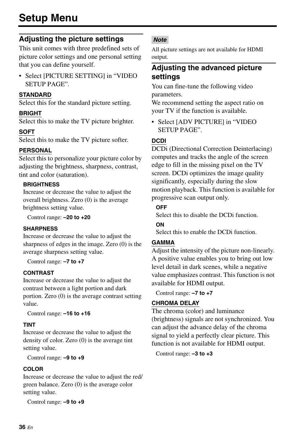 Adjusting the picture settings, Adjusting the advanced picture settings, Setup menu | Yamaha DVD-C961 User Manual | Page 40 / 51