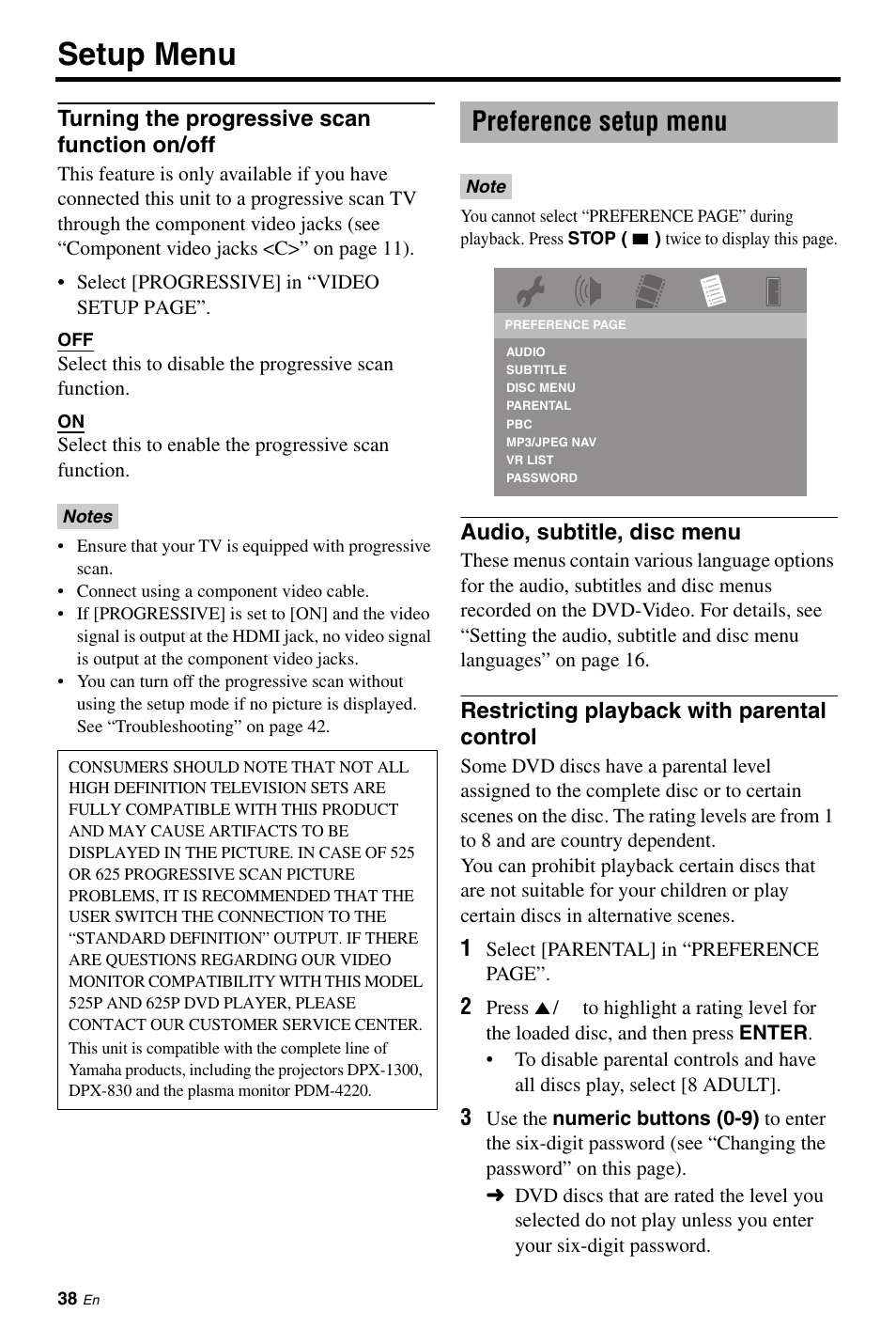 Turning the progressive scan function on/off, Preference setup menu, Audio, subtitle, disc menu | Restricting playback with parental control, Setup menu | Yamaha DVD-C961 User Manual | Page 42 / 51