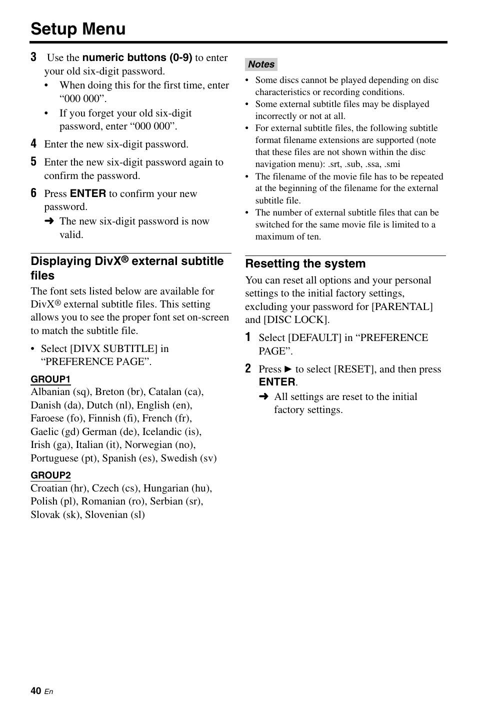 Displaying divx® external subtitle files, Resetting the system, Displaying divx | Setup menu | Yamaha DVD-C961 User Manual | Page 44 / 51