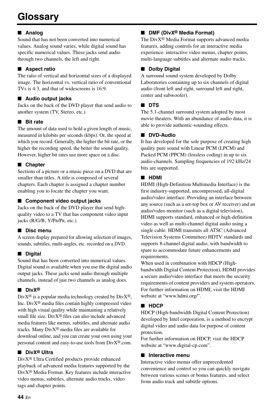 Glossary | Yamaha DVD-C961 User Manual | Page 48 / 51