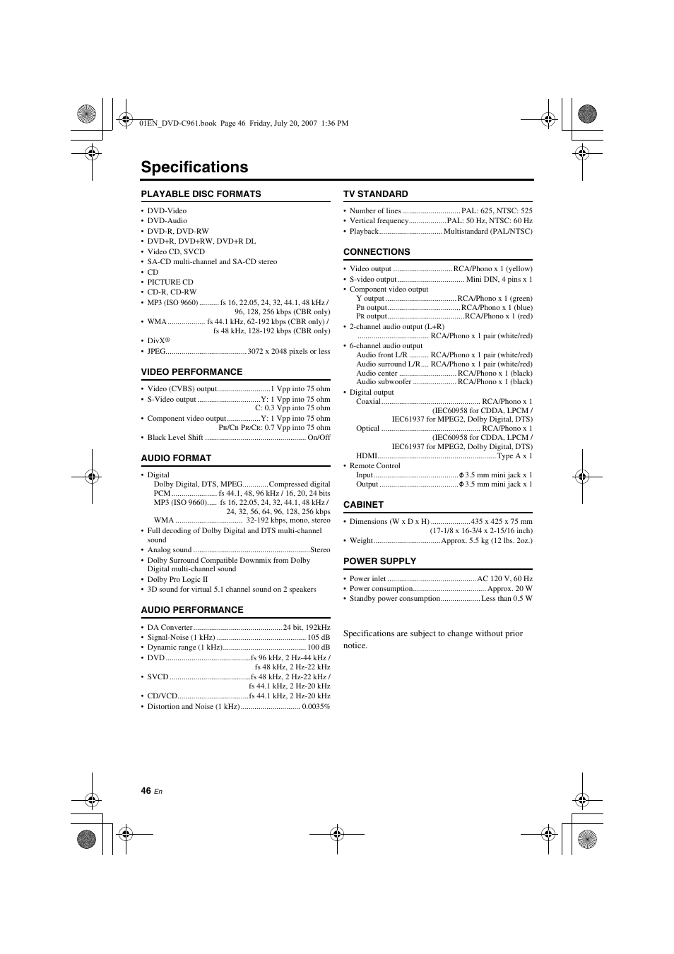 Specifications | Yamaha DVD-C961 User Manual | Page 50 / 51