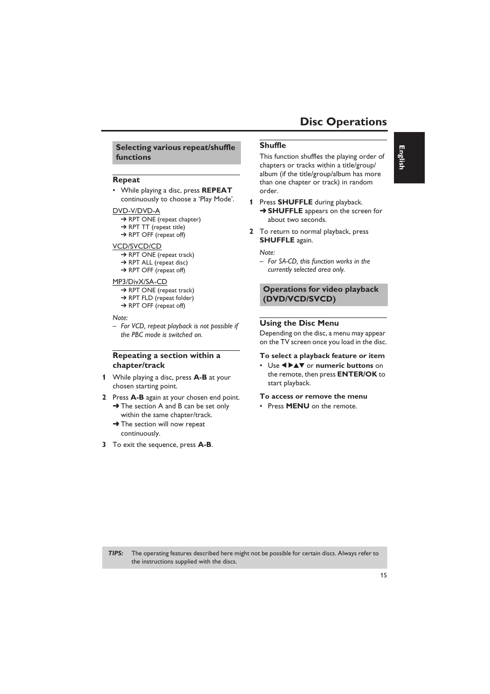 Selecting various repeat/shuffle functions, Repeat, Repeating a section within a chapter/track | Shuffle, Operations for video playback (dvd/vcd/svcd), Using the disc menu, Disc operations | Yamaha DVD-S657 User Manual | Page 19 / 44