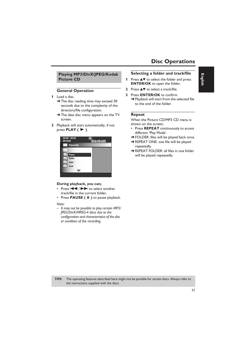 Playing mp3/divx/jpeg/kodak picture cd, General operation, Selecting a folder and track/file | Repeat, Disc operations | Yamaha DVD-S657 User Manual | Page 25 / 44