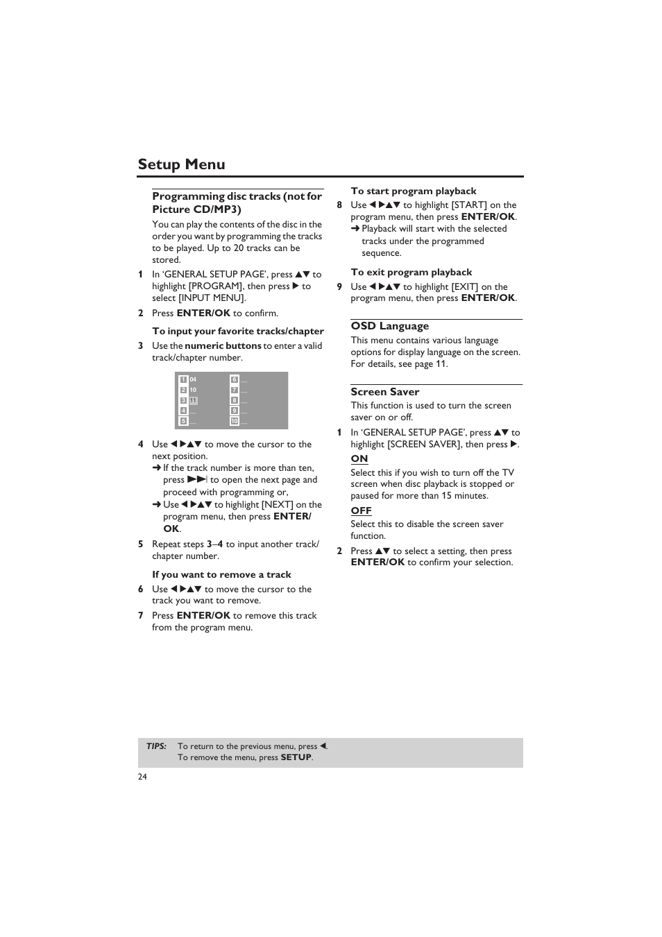 Programming disc tracks (not for picture cd/mp3), Osd language, Screen saver | Setup menu | Yamaha DVD-S657 User Manual | Page 28 / 44