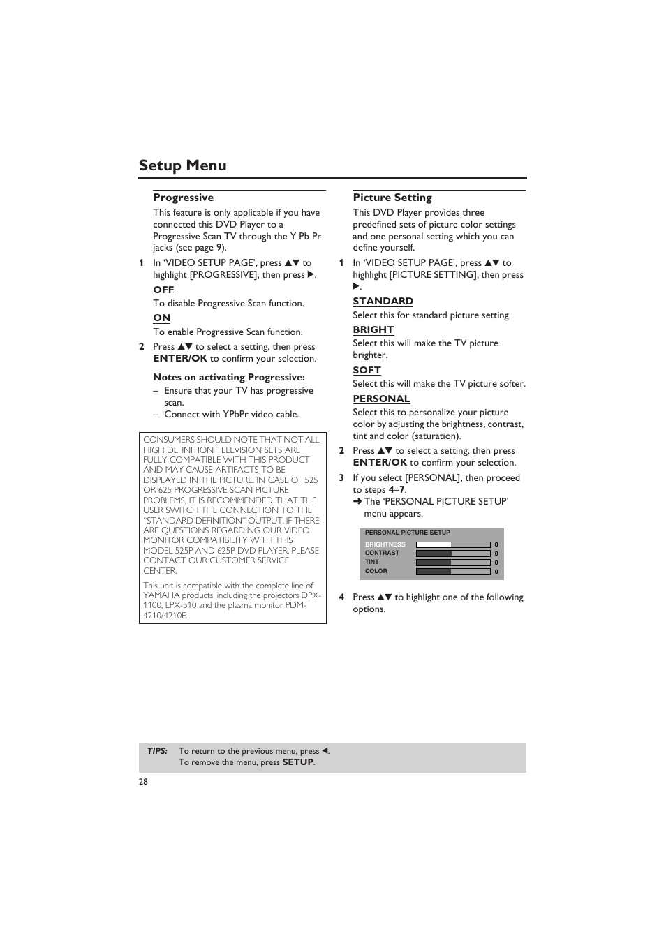 Progressive, Picture setting, Progressive picture setting | Setup menu | Yamaha DVD-S657 User Manual | Page 32 / 44