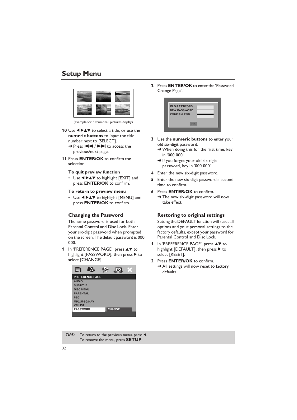 Changing the password, Restoring to original settings, Setup menu | Yamaha DVD-S657 User Manual | Page 36 / 44