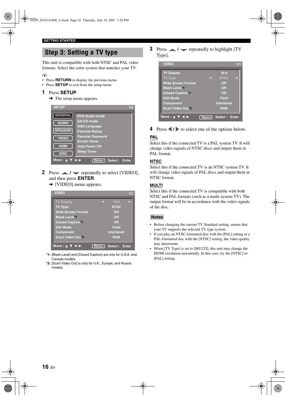 Step 3: setting a tv type, Disc menu languages | Yamaha DVD-S1800 User Manual | Page 20 / 49