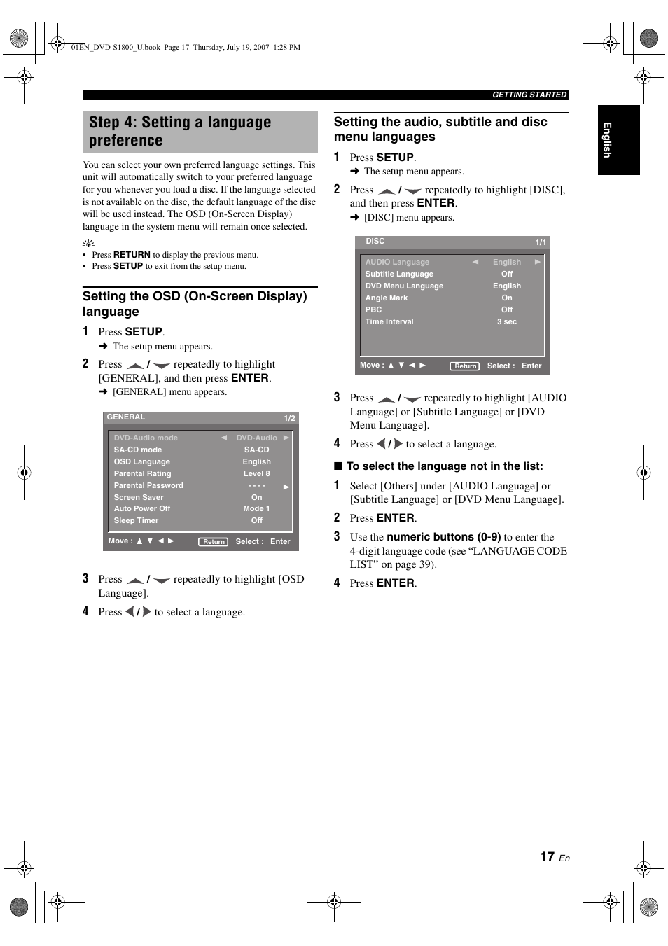 Step 4: setting a language preference, Setting the osd (on-screen display) language | Yamaha DVD-S1800 User Manual | Page 21 / 49