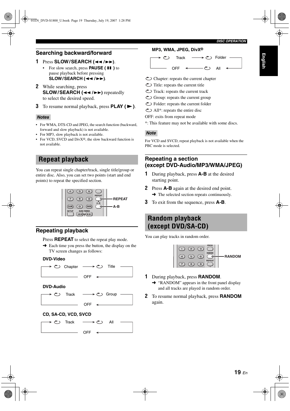 Repeat playback, Repeating playback, Random playback (except dvd/sa-cd) | Random playback, Except dvd/sa-cd), Program playback (cd), Disc menu operation, Dvd/vcd/svcd), Using the dvd menu, Using the video cd playback control (pbc) | Yamaha DVD-S1800 User Manual | Page 23 / 49
