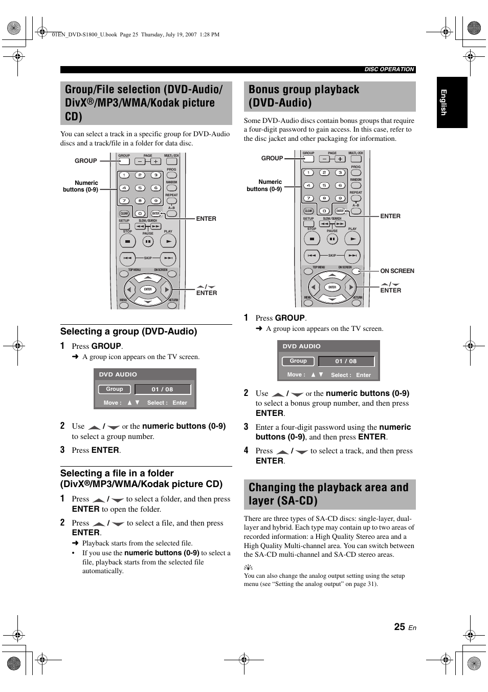 Selecting a group (dvd-audio), Bonus group playback (dvd-audio), Changing the playback area and layer (sa-cd) | Bonus group playback, Changing the playback area, And layer (sa-cd), Mp3/wma/divx, Jpeg), Displaying the thumbnail screen (jpeg), Rotating pictures (jpeg) | Yamaha DVD-S1800 User Manual | Page 29 / 49