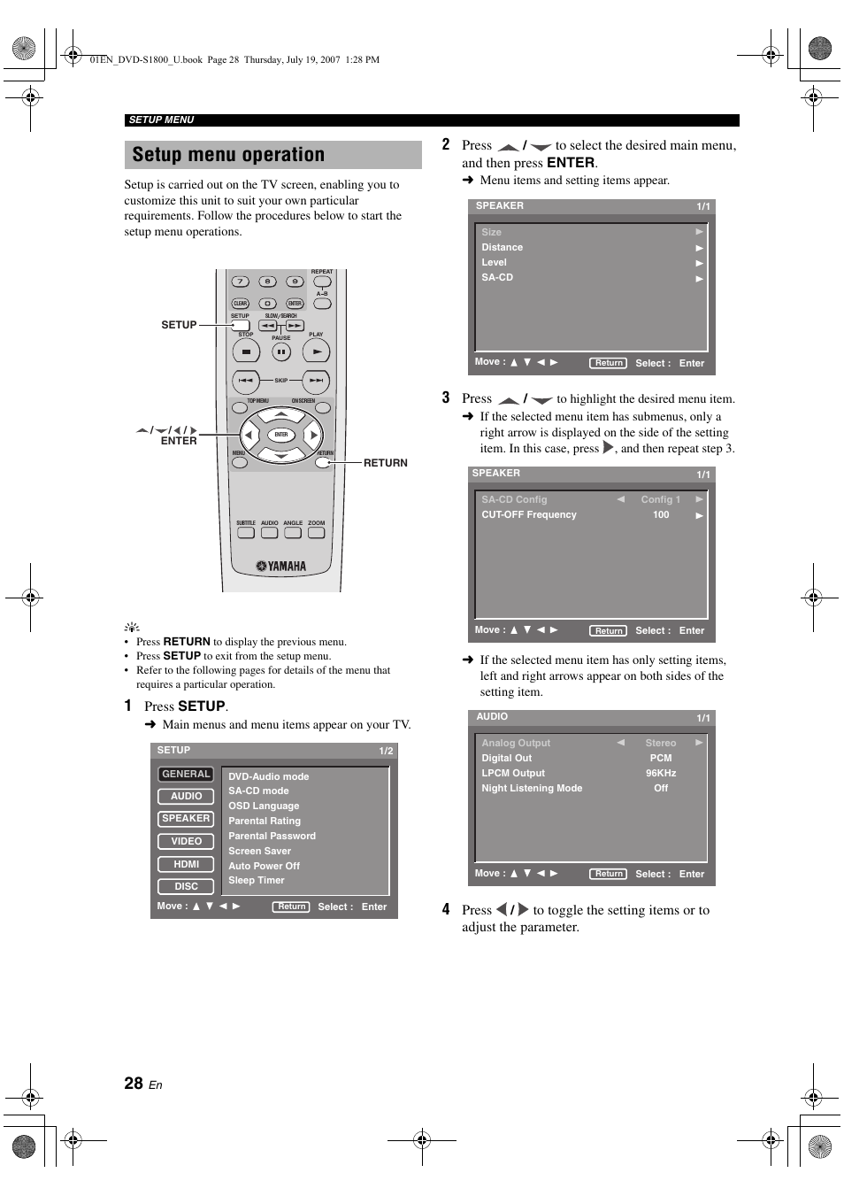 Setup menu operation, Restricting playback with parental control, Press setup | Press | Yamaha DVD-S1800 User Manual | Page 32 / 49